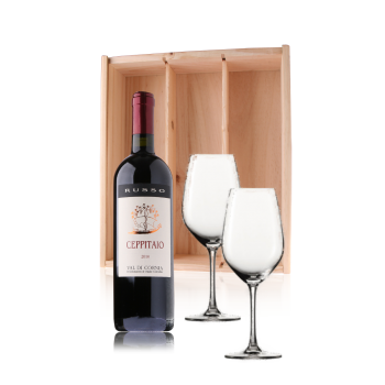 fles Ceppitaio in houten kist, compleet met 2 wijnglazen